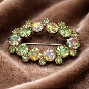 Vintage Green Aurora Borealis Rhinestone Brooch Mid Century Glam Old Money Retro